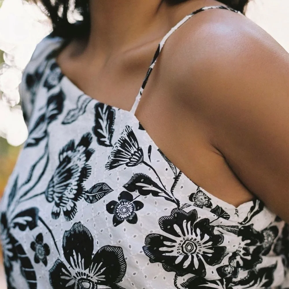 NWT Anthropologie Maeve One Shoulder Black White Floral Eyelet Bow Back Blouse